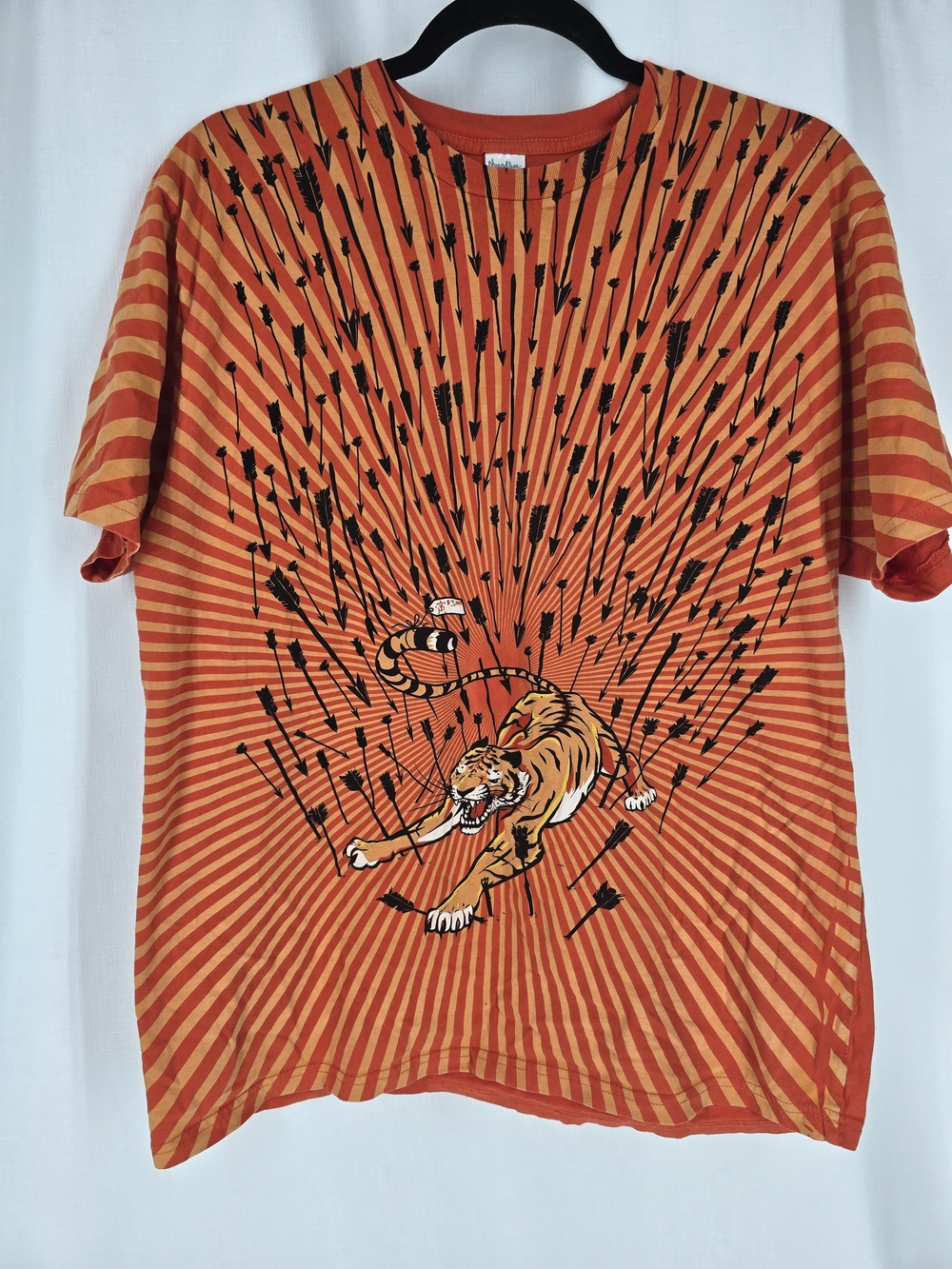 Threadless Orange & Red Striped Short Sleeve Tee with Tiger Graphic